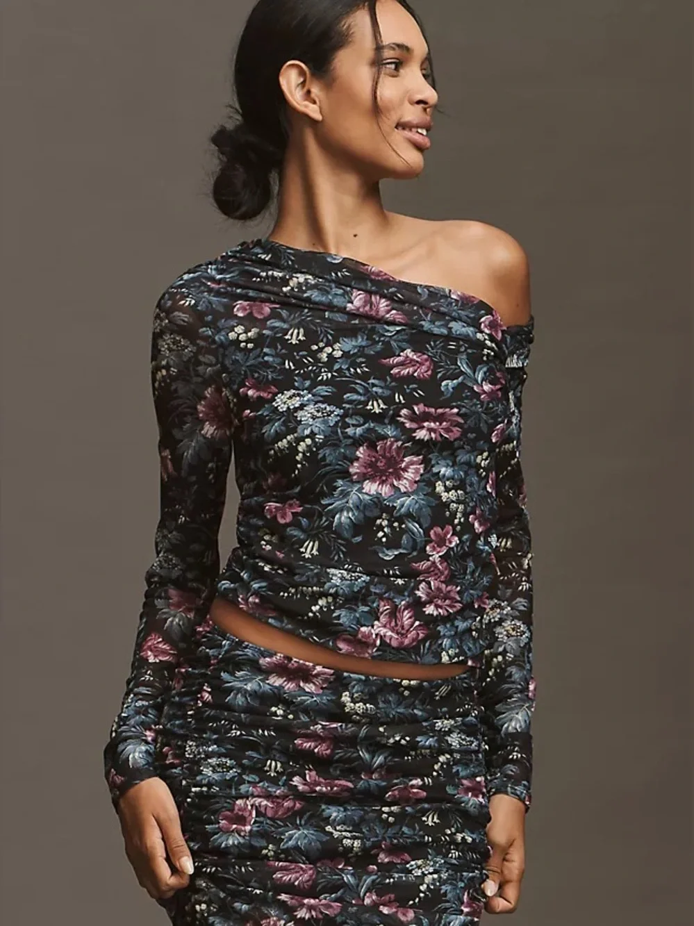 Anthropologie Floral Mesh Off Shoulder Ruched Long Sleeve Top Size Small